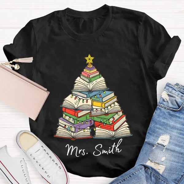 Personalized Holiday Shirt, Custom Christmas Trees and Books T-Shirt, Comfy Book Lover Xmas Graphic Tee, Custom Name Christma