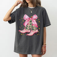 Holiday Western Aesthetic Shirt, Pink Cowboy Boots Christmas T-Shirt, Preppy Cowgirl Graphic Tee, Country Christmas Tee
