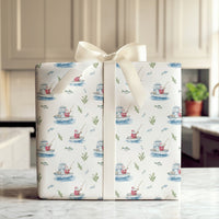 Nautical Boat Christmas Gift Wrap, Fishing Santa Wrapping Paper, Watercolor Angler Holiday Wrapping Paper, Whimsical Ocean Santa Gift Wrap