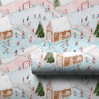 Winter Rink Christmas Gift Wrap, Ice Hockey Gingerbread Village Wrapping Paper, Holiday Ice Skating Wrapping Paper Roll, Pastel Present Wrap
