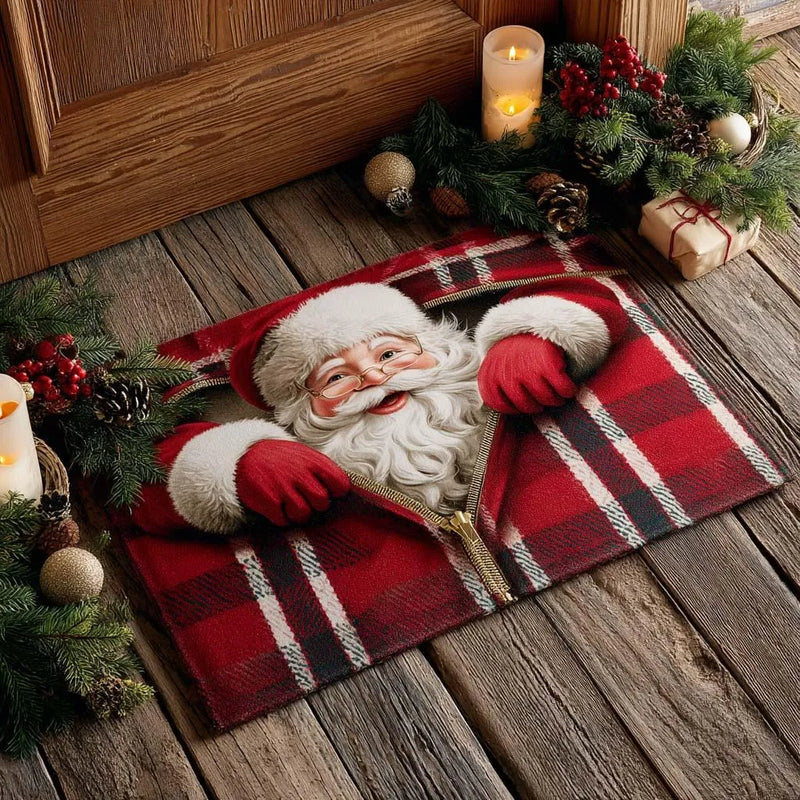 Christmas Welcome Mat, Santa Plaid Zipper Door Mat, Santa Claus Holiday Doormat, Buffalo Plaid Front Door Mat, Non Slip Xmas Entry Mat