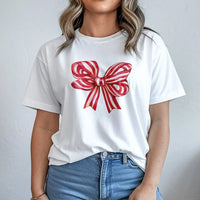Retro Striped Ribbon T-Shirt, Christmas Bow Shirt, Adorable Holiday Bow Tee, Festive Christmas Graphic Shirt, Vintage Ribbon Xmas Shirt