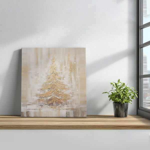 Neutral Farmhouse Pine Painting Print, Rustic Golden Snowy Christmas Tree Canvas Wall Art, Winter Holiday Decor, Digital Down