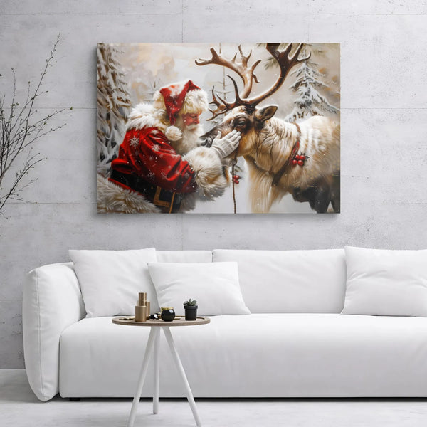 Snowy Winter Forest Canvas Print, Santa Claus and Reindeer Canvas Wall Art, Vintage Holiday Painting, Christmas Wall Decor Pr