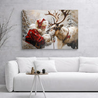 Snowy Winter Forest Canvas Print, Santa Claus and Reindeer Canvas Wall Art, Vintage Holiday Painting, Christmas Wall Decor Present