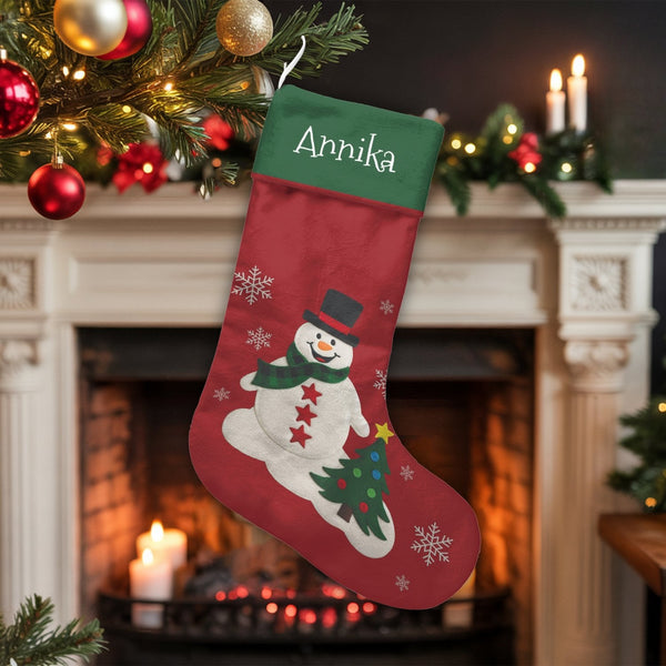 Custom Name Winter Holiday Stocking, Personalized Snowman Christmas Stocking, Adorable Festive Fireplace Stocking, Family Hol