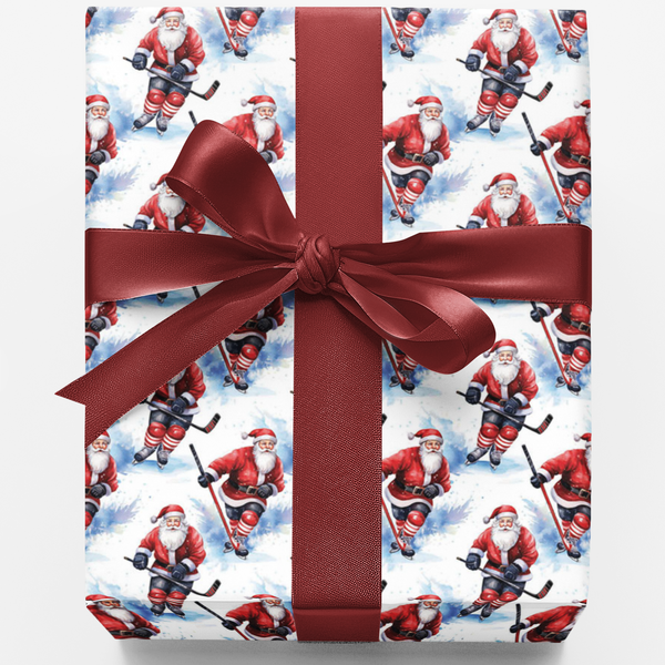 Slapshot Santa Gift Wrap, Hockey Santa Wrapping Paper, Sports Holiday Paper, Ice Hockey Christmas Gift Wrap Roll, Winter Pres