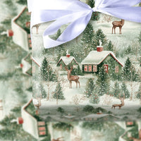 Vintage Snowy Cabin Gift Wrap, Winter Woodland Wrapping Paper, Rustic Forest Deer Wrapping Paper, Christmas Holiday Present Gift Wrap