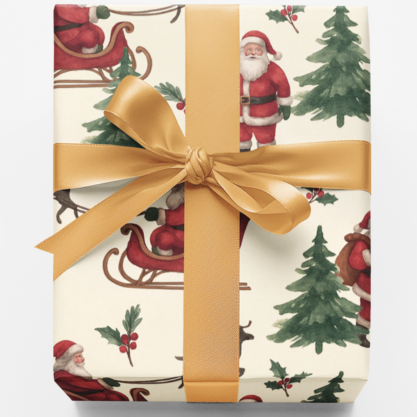 Watercolor Santa Gift Wrap, Vintage Santa Sleigh Wrapping Paper, Retro Christmas Sleigh Wrapping Paper, Winter Holiday Gift W