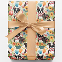 Floral Dog Wrapping Paper, Boston Terrier Gift Wrap Paper, Garden Party Puppy Gift Wrap, Dog Lover Christmas Present Wrapping Paper