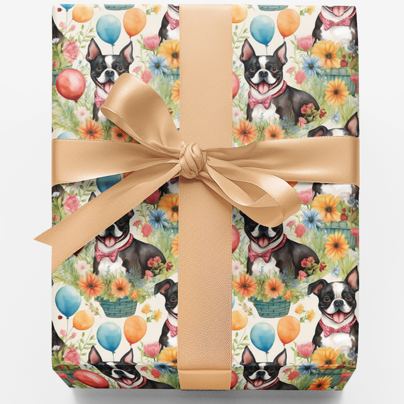 Floral Dog Wrapping Paper, Boston Terrier Gift Wrap Paper, Garden Party Puppy Gift Wrap, Dog Lover Christmas Present Wrapping Paper