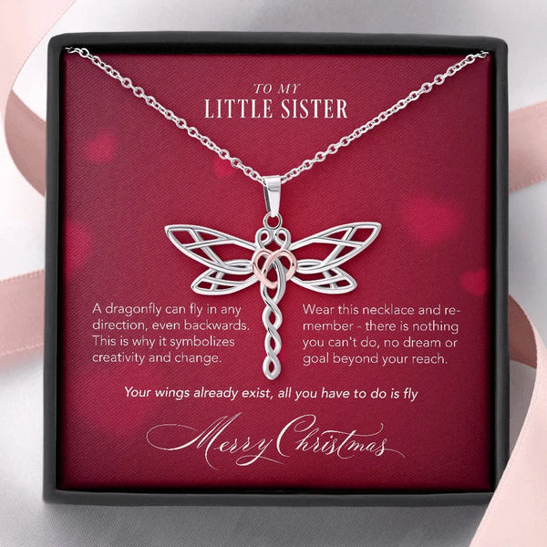 Rose Gold Heart Dragonfly Pendant, Little Sister Dragonfly Necklace, Stainless Steel Dragonfly Jewelry, Meaningful Sister Chr