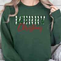 Green Buffalo Plaid Typography Sweater, Merry Christmas Sweatshirt, Festive Holiday Crewneck, Winter Plaid Pullover, Xmas Present Sweatshirt