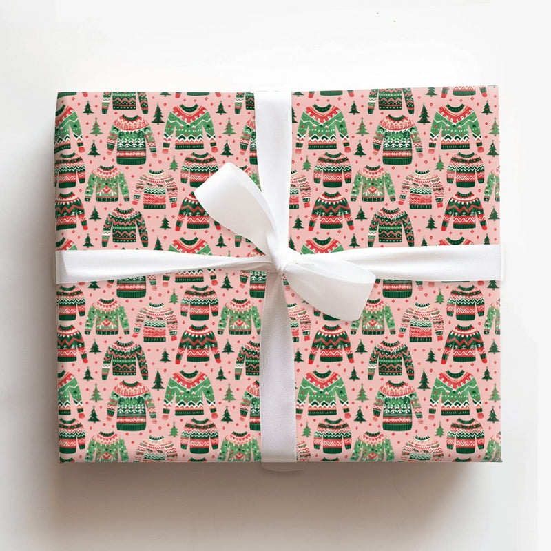 Retro Holiday Knit Gift Wrap, Ugly Christmas Sweater Wrapping Paper, Pink Xmas Tree Present Wrap, Festive Secret Santa Wrapping Paper Roll