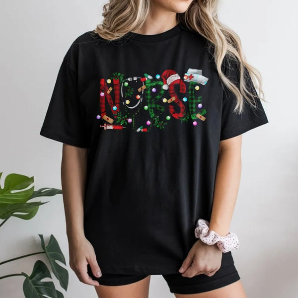 Holiday Medical Graphic Tee, Buffalo Plaid Christmas Nurse T-Shirt, Humorous RN Christmas Shirt, Nursing Student Tee, Healthc