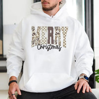 Trendy Camouflage Checkered Hoodie, Merry Christmas Camo Hoodie, Comfy Holiday Graphic Sweatshirt, Winter Festive Pullover Camo Hoodie