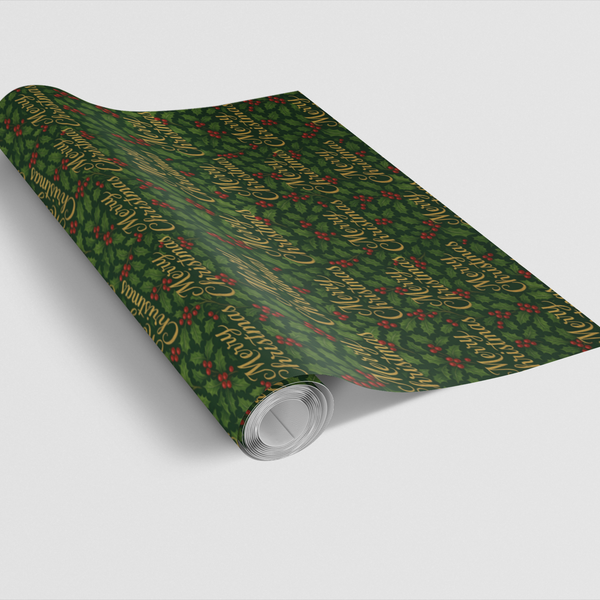 Merry Christmas Script Gift Wrap, Victorian Holly Wrapping Paper, Vintage Holiday Wrapping Paper, Traditional Xmas Gift Wrap 