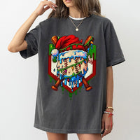 Santa Hat Drip Sports Graphic Tee, Christmas Baseball T-Shirt, Holiday Baseball Bats Shirt, Festive Athletic Crew Tee, Baseball Fan Present
