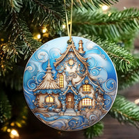 Blue and White Cottage Ornament, Whimsical Winter House Ornament, Comfy Cabin Ceramic Ornament, Holiday Tree Decor, Christmas Keepsake Present