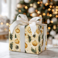 Pine Branch Christmas Gift Wrap, Vintage Gold Ornament Wrapping Paper, Rustic Holiday Present Wrap, Botanical Xmas Gift Wrapping Paper