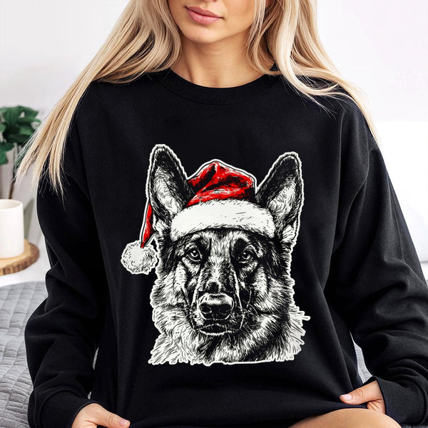 Santa Hat Dog Graphic Crewneck, German Shepherd Christmas Sweatshirt, Adorable Holiday GSD Dog Sweater, German Shepherd Xmas 
