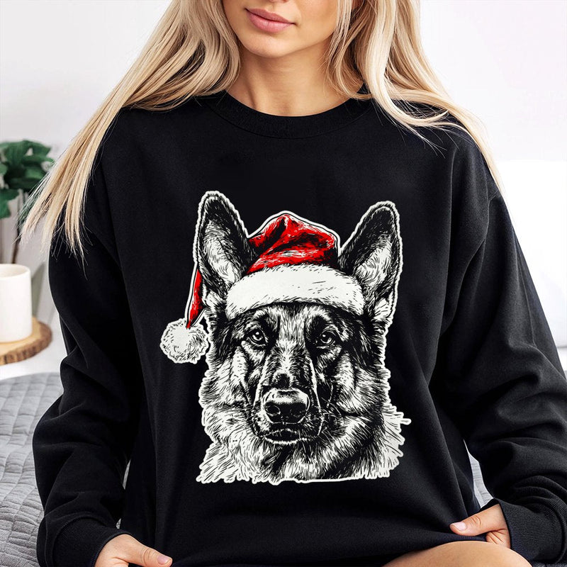 Santa Hat Dog Graphic Crewneck, German Shepherd Christmas Sweatshirt, Adorable Holiday GSD Dog Sweater, German Shepherd Xmas Pullover
