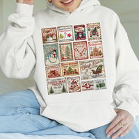 Retro Holiday Stamp Collage Hoodie, Vintage Christmas Stamp Hoodie, Festive Winter Graphic Hooded Sweatshirt, Comfy Christmas Present Hoodie