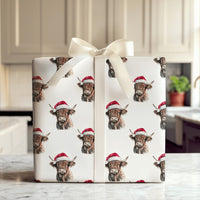 Santa Hat Farmhouse Gift Wrap Roll, Highland Cow Christmas Wrapping Paper, Rustic Cattle Holiday Wrapping Paper, Western Winter Gift Wrap