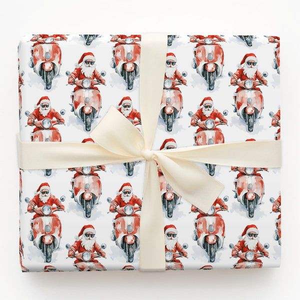 Sunglasses Santa Gift Wrap, Cool Santa on Scooter Wrapping Paper, Red Motor Scooter Christmas Wrapping Paper, Whimsical Holid