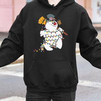 Festive Holiday Sweatshirt, Snowman Christmas Lights Hoodie, Adorable Winter Snowman Hooded Pullover, Xmas Graphic Sweater, Comfy Winter Present