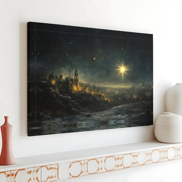 Nativity Night Landscape Poster, Star of Bethlehem Canvas Wall Art, Holy City Christian Canvas Print, Religious Christmas Dig