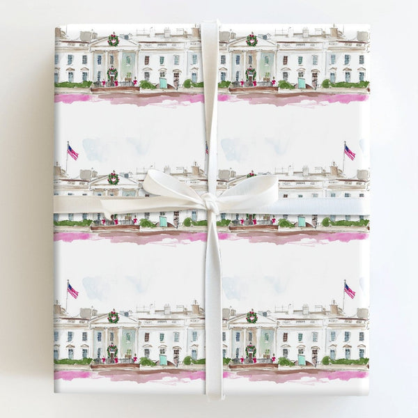 Patriotic Watercolor Gift Wrap, White House Christmas Wrapping Paper, Holiday Landmark Present Wrap, Festive Winter Seasonal 