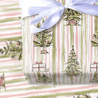 Watercolor Pink Sage Gift Wrap, Striped Christmas Tree Wrapping Paper, Holiday Presents Present Paper, Festive Xmas Wrapping Paper Roll
