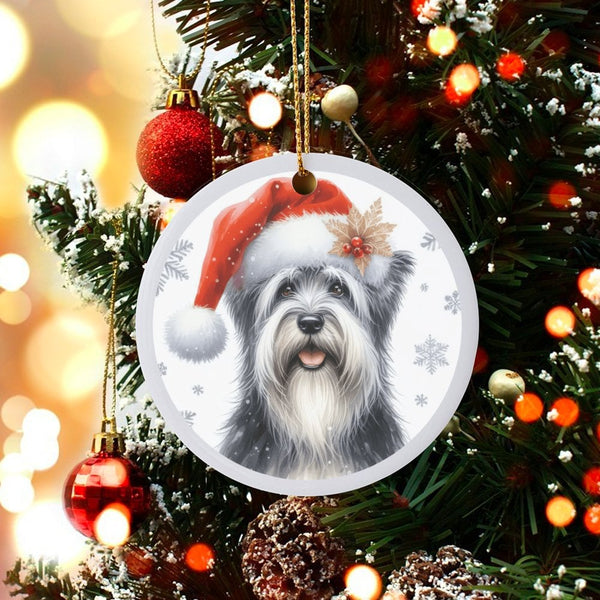 Santa Hat Ceramic Tree Ornament, Schnauzer Dog Christmas Ornament, Holiday Pet Keepsake Ornament, Festive Present for Schnauz