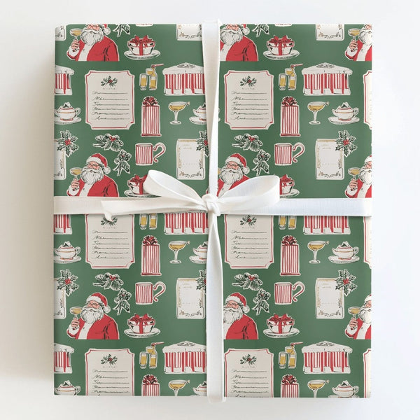 Retro Santa Toasting Wrapping Paper, Vintage Santa Cocktail Wrapping Paper, Holiday Cocktail Gift Wrap, Festive Christmas Wra