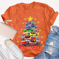 Custom Name Holiday Shirt, Personalized Christmas Tree T-Shirt, Colorful Crayon Snowflake Graphic Tee, Kids Family Christmas Tee