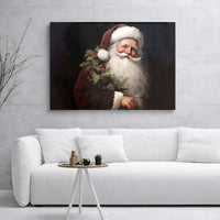 Classic Holly Wreath Portrait Canvas Print, Vintage Santa Claus Wall Art, Traditional Christmas Canvas Art, Holiday Home Wall Decor