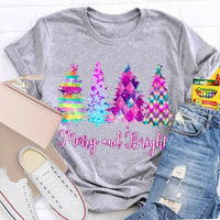 Colorful Tie-Dye Holiday T-Shirt, Merry and Bright Christmas Tree Shirt, Retro Christmas Graphic Tee, Festive Holiday Season Shirt