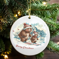 Parent and Baby Bear Tree Ornament, Beary Christmas Skiing Bear Ornament, Adorable Winter Animal Ceramic Ornament, Family Holiday Keepsake Present