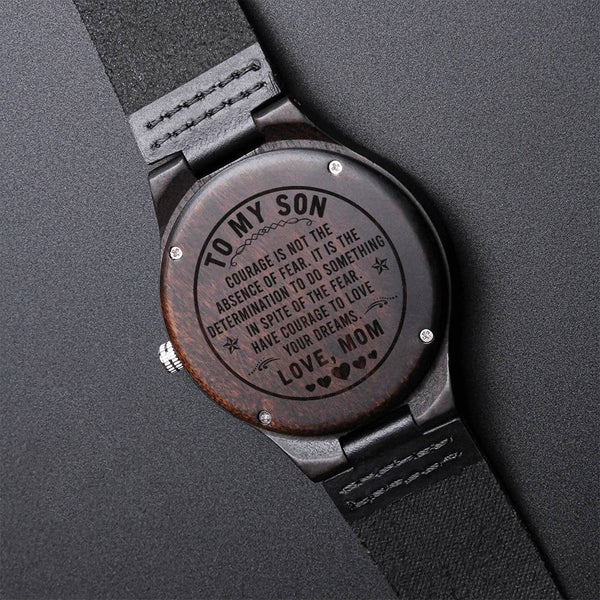 Sandalwood Watch, Courage Quote Engraved Wooden Watch for Son, Genuine Leather Band Wood Wristwatch, Birthday Christmas Prese