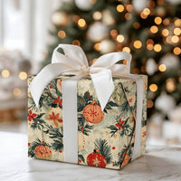 Poinsettia Ornament Gift Wrap, Vintage Christmas Wrapping Paper, Pine Branch Holiday Wrapping Paper, Classic Botanical Christmas Gift Wrap