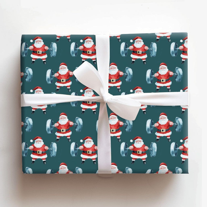 Dark Teal Gym Gift Wrap, Watercolor Weightlifting Santa Wrapping Paper, Bodybuilder Christmas Present Paper, Fitness Xmas Wrapping Paper