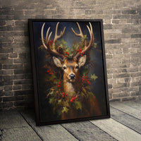 Festive Deer Holly Wreath Canvas Print, Christmas Stag Canvas Wall Art, Rustic Winter Animal Canvas Decor, Holiday Living Room Wall Art