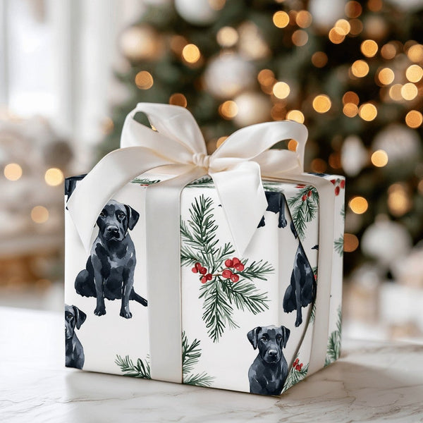 Watercolor Santa Hat Dog Gift Wrap Paper, Black Labrador Christmas Wrapping Paper, Holiday Present Wrap, Dog Lover Xmas Wrapp