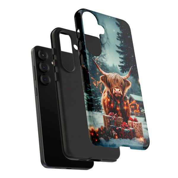 Festive Winter Lights Samsung Galaxy Case, Christmas Highland Cow Phone Case, Dual Layer Polycarbonate Tough Cover, Holiday P