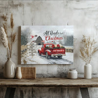 Red Truck Snowy Farmhouse Canvas Print, Personalized Christmas Canvas Art, Custom Family Name Wall Canvas, Holiday Winter Canvas Decor