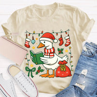 Humorous Holiday Bookworm Goose Shirt, Christmas Goose Reading Book T-Shirt, Adorable Winter Reading Tee, Book Lover Christmas Present T-Shirt