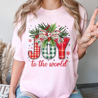 Plaid Festive Holiday Graphic Tee, Joy to the World Christmas T-Shirt, Christian Faith Xmas Shirt, Joyful Religious Holiday T-Shirt Present