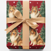 Winter Pine Forest Holiday Gift Wrap, Collie Dog Christmas Wrapping Paper, Festive Dog Present Paper, Pet Lover Xmas Wrapping Paper