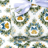 Floral Wreath Damask Gift Wrap, Golden Bells Christmas Wrapping Paper, Elegant Holiday Wrapping Paper, Traditional Seasonal Present Wrap
